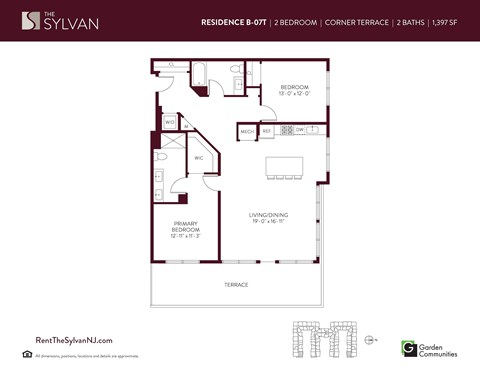 Floor plan for 2 beds, 2 baths, 1397 sqft